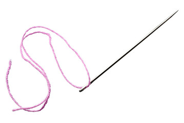 Sewing tool : Sewing needle with pink thread isolated on white background. Sewing needle is a long...