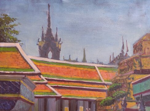 painting of thai temple. landscape art. oil on canvas. buddhism building. impressionism artwork.