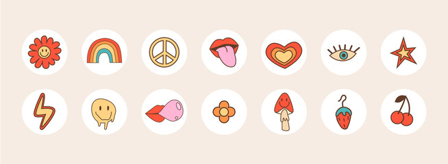 Hippie retro 60s 70s 80s highlights round icons set. Funky positive collection covers for social media insta blog. Vector flat cartoon style illustration.