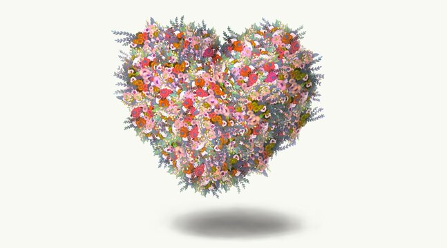 heart shape of flowers. Concept idea of love, romantic and valentine day. Conceptual 3d illustration. surreal art.