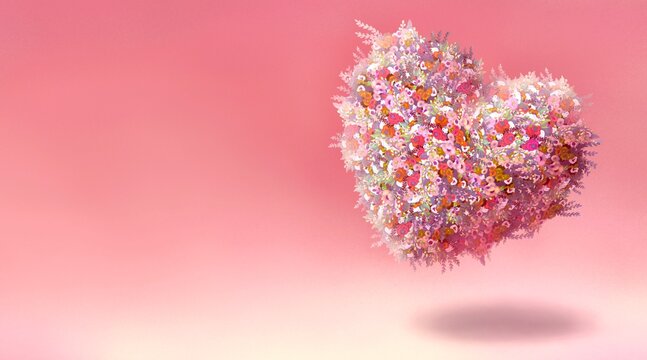 heart shape of flowers. Concept idea of love, romantic and valentine day. Conceptual 3d illustration. surreal art.