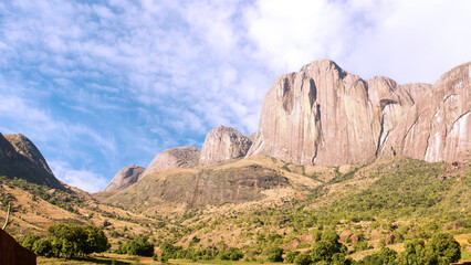 Wonderful Panorama of Tsaranoro mountains above the green valley, Andringitra national park  in Madagascar
