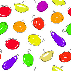 Vector seamless pattern with drawn vegetables. Onion, beet, eggplant, pepper, squash, tomato. Eco food texture, natural background