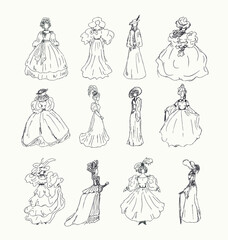 Big collection of women sketches in retro historical clothes. Ladies in old vintage ball dresses. Set of hand drawn modern women silhouettes - 515155893