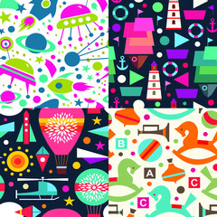 Creative collection of seamless comic patterns. Set of decorative childish backgrounds with stars, rockets, ships, flowers, toys