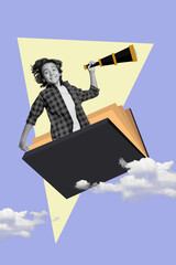 Graphics poster collage of school child trip in book look telescope invention isolated sky picture...
