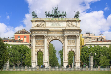 Fototapeta na wymiar Arco della Pace or Arch of Peace in Milan, Italy. City Gate of Milan Located at Center of Simplon Square.