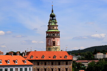 Cesky Krumlov. A beautiful and colorful amazing historical Czech town, castle tower. The city UNESCO World Heritage Site on Vltava river. Czech, Krumlov