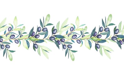 Seamless garland of olive branches , border with olive branches. Watercolor hand draw illustration.