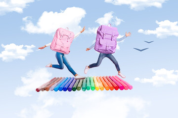 Photo artwork minimal picture of schoolchildren backpacks instead of body running markers isolated drawing skies background