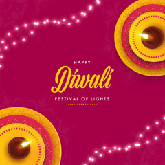 Happy Diwali Greeting Card With Top View Of Lit Oil Lamps (Diya) And Lighting Garland Decorated On Pink Background.