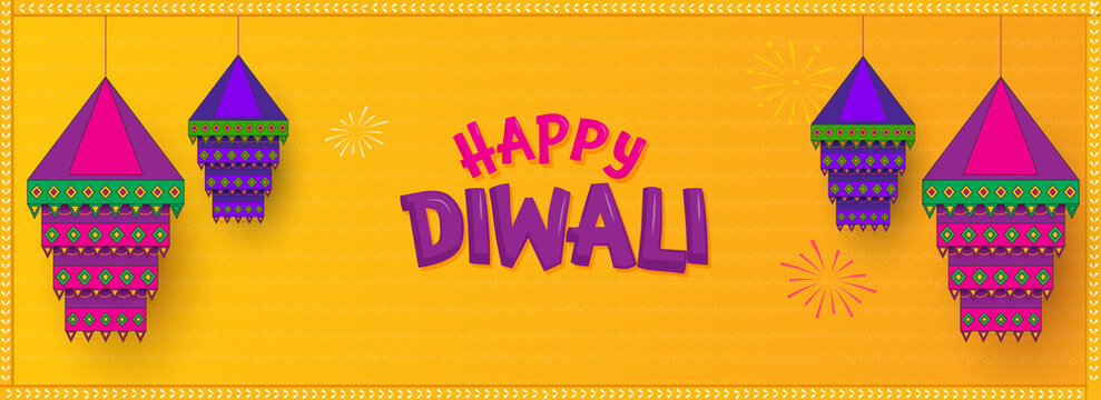 Happy Diwali Celebration Banner Or Header Design With Hanging Traditional Lanterns (Kandeel) On Chrome Yellow Background.