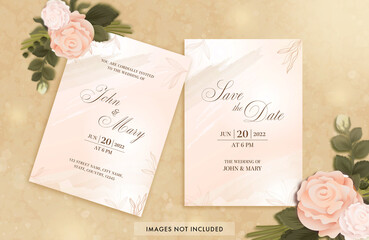 Wedding Cards Template Layout With Rose Flowers On Peach Background.