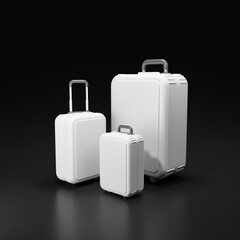 Set of white mockup luggage  small and big on black background,  perspectives  view image, vertical composition , journey concept , 3D illustration.