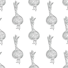 Ripe onions with sprouted herbs, dry root. Linear drawing. Seamless pattern, vector.