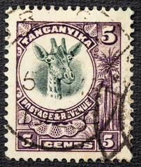 Tanganyika - circa 1922 1925: A stamp printed in Tanganyika shows the head of a giraffe, circa 1922 1925.