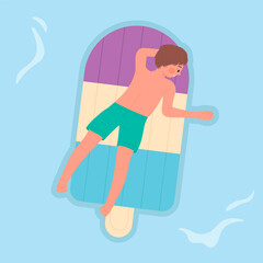 Floating boy on swimming ice cream mattress. Summer vacation, pool relaxing time vector illustration