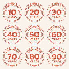 Anniversary logo or icon set. 10,20,30,40,50,60,70,80,90 years round stamp collection with grunge, rough texture. Birthday celebrating, jubilee circle badge or label templates. Vector illustration.