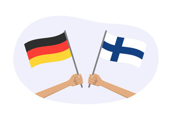 Germany and Finland flags. Finnish and German national symbols. Hand holding waving flag. Vector illustration.