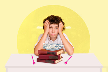 Creative 3d photo artwork graphics painting of stressed depressed schoolkid preparing homework isolated drawing background