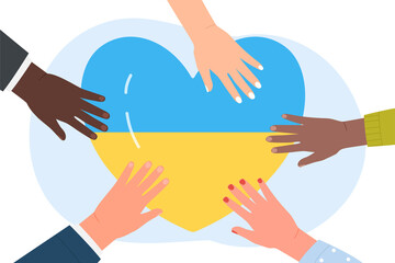 Hands holding heart with Ukrainian flag together. Volunteers giving support, assistance and care in military conflict for army and citizens of Ukraine flat vector illustration. Charity concept