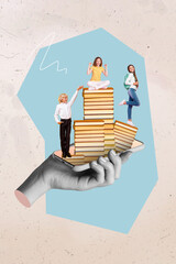 Vertical collage portrait of big arm black white gamma hold phone three funny mini kids pile book...