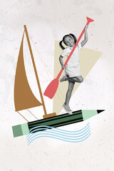 Collage banner of school child travel watercraft float pencil way to courses knowledge isolated draw picture background