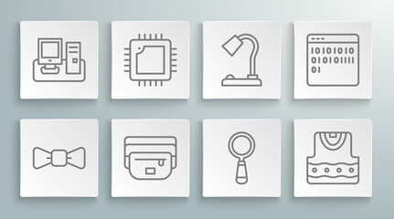 Set line Bow tie, Processor with CPU, Waist bag of banana, Magnifying glass, Waistcoat, Table lamp, Binary code and Monitor keyboard icon. Vector