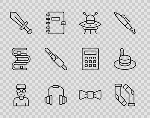 Set line Nerd geek, Socks, UFO flying spaceship, Headphones, Sword for game, Audio jack, Bow tie and Man hat icon. Vector