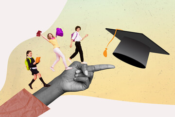 Photo cartoon comics sketch picture of schoolkids walking huge arm pointing big graduating headwear isolated drawing background - Powered by Adobe
