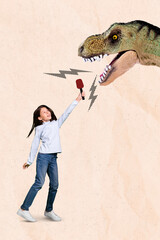 Creative template collage of curious small preteen lady take interview rex dragon monster tell...