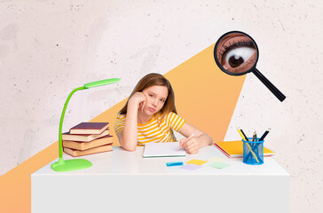 Composite collage picture of unsatisfied bored girl prepare homework magnifier lens eye spying...