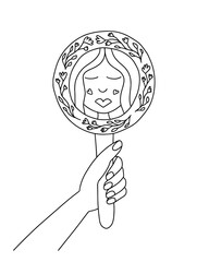 Happy woman looking in mirror coloring page illustration. Hand drawn flowered mirror and beautiful woman looking bector illustration