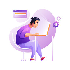 Coder concentrated at working project. Developing programming and coding technologies. Screen with codes, developer at work with task. Geek coding software with laptop and pc. Isolated vector