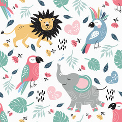 Seamless pattern with colorful parrots, lions and elephants. Cute baby style. Children's print.