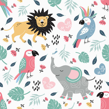 Seamless pattern with colorful parrots, lions and elephants. Cute baby style. Children's print. © Tutsi_N
