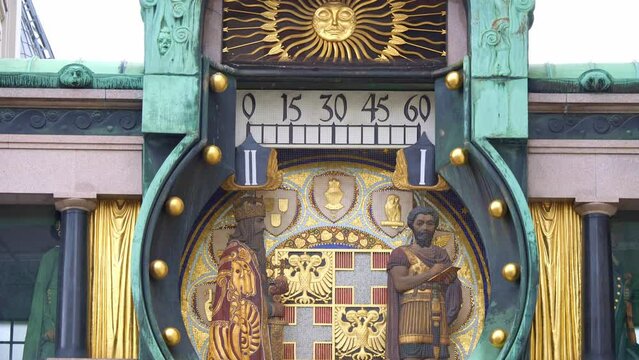 Anker clock, Ankeruhr, famous astronomical clock in Vienna, Austria built by Franz von Matsch. tourist attraction, travel guide and sights of city breaks. landmarks and on road trip concept