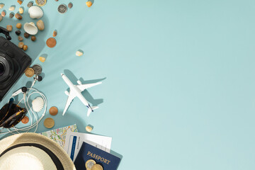 Miniature toy airplane, travel accessories and paper clouds on blue background. Flat lay design of...