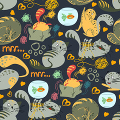 Kids seamless pattern with funny, cute cats, cat food and fish,cat paws on a white background. Vector illustration. Children's textiles