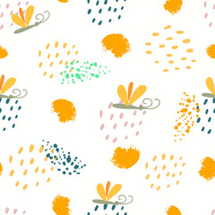 Seamless pattern with abstract colored spots, dots, lines. Vector illustration. Children's textiles