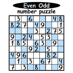 Sudoku puzzle with Even-Odd numbers vector illustration. Funny logic game for kids and adults printable worksheet. Place even numbers on blue cells and odd numbers on white cells