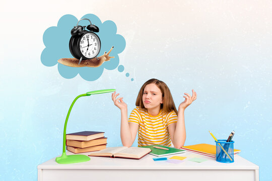 Creative collage image of minded clueless girl sit desktop think slow snail clock isolated on drawing background