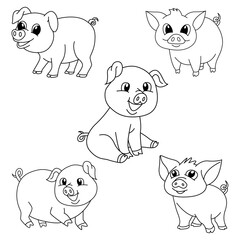 Set of cute pig cartoon coloring page illustration vector. For kids coloring book.