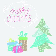Fototapeta na wymiar Christmas card with a Christmas tree and gifts on a blue background.