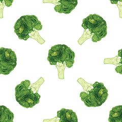 Watercolor green broccoli seamless pattern on white