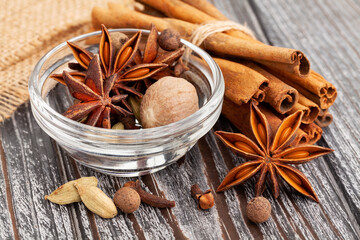 spice mix on wood background