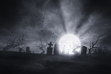 old graveyard at night, horror halloween background