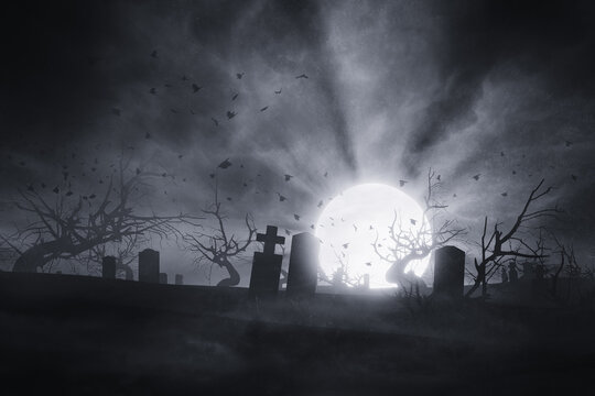 Old Graveyard At Night, Horror Halloween Background