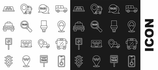 Set line City map navigation, Bus, Location with taxi, Taxi call telephone service, Magnifying glass and car, roof and Safety belt icon. Vector