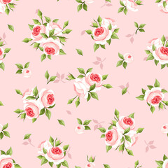 Seamless floral pattern with pink roses on a pink background. Vector illustration